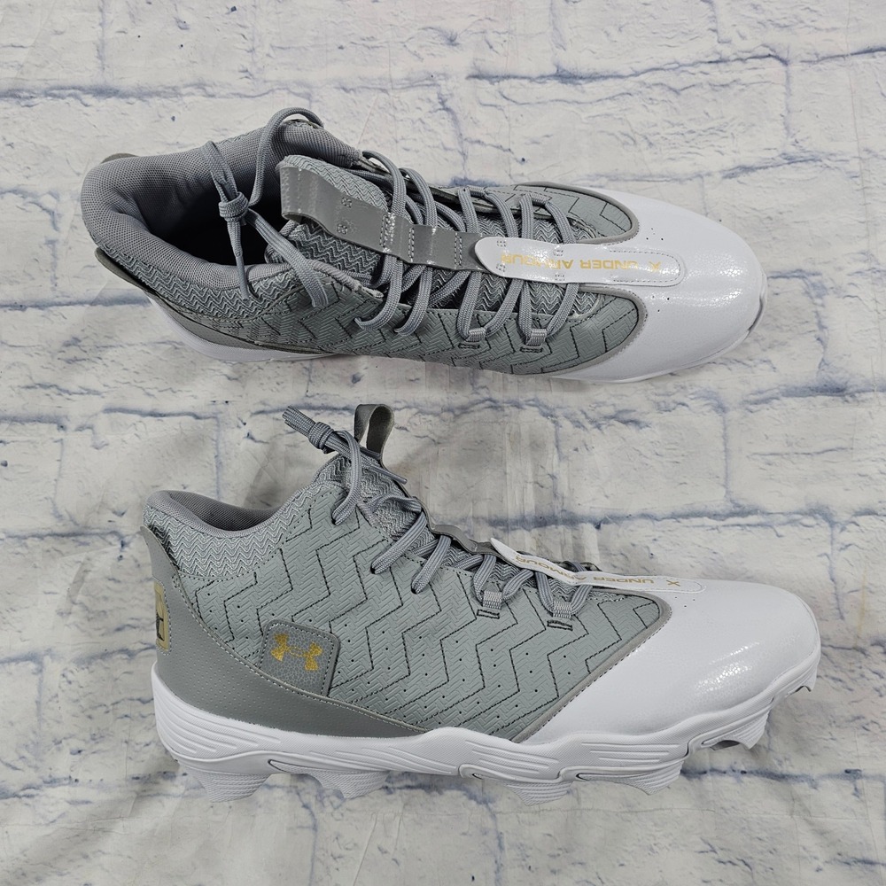 Under Armour Harper 4 Mid RM Baseball Cleats Mens 15 Gray White Gold BH Show